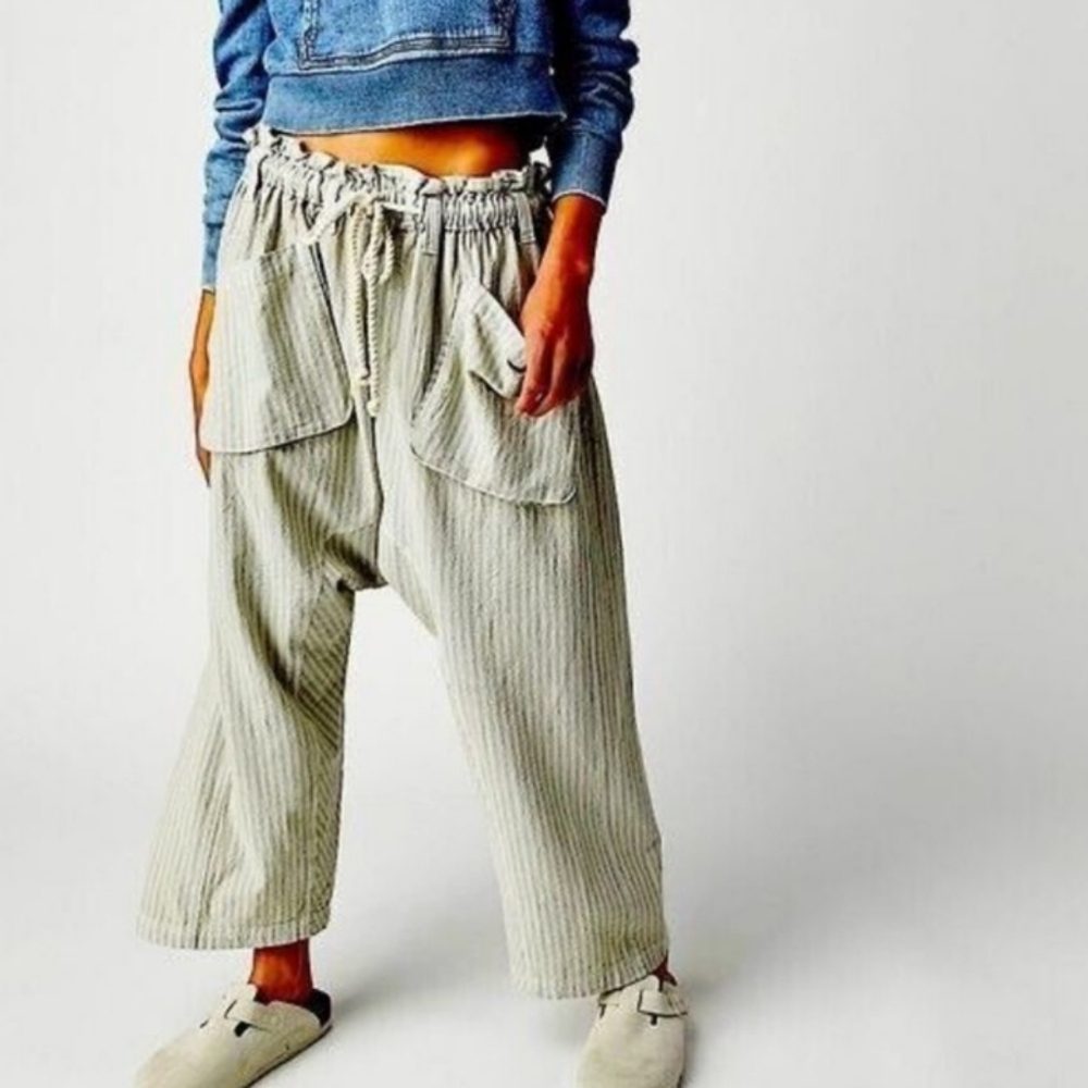 Free People Runyon Oversized Stripe Trousers Grey Blue Small